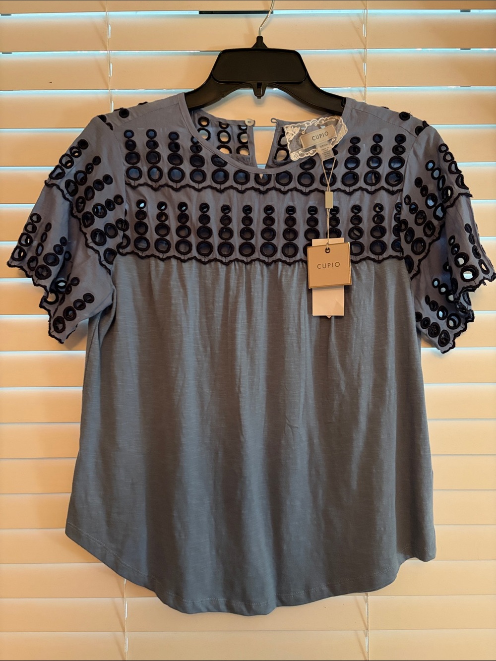 Cupio Light Blue Short Sleeve Top with Navy Embroidery